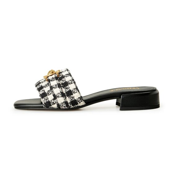 Versace Women's Black & White Gold Medusa Plaid Sandals Mules Shoes US 7 IT 37 - Picture 2 of 8